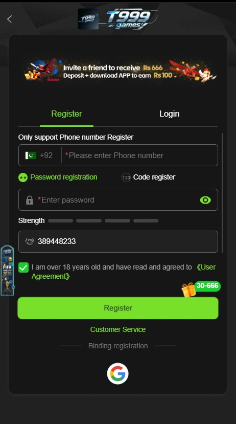 T999 Game Register/ login